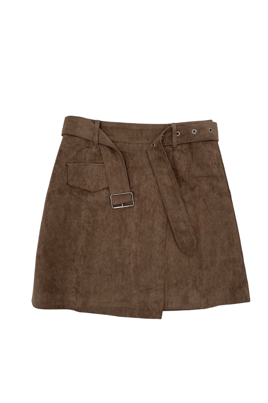 Suede Look Belt Skirt - Khaki