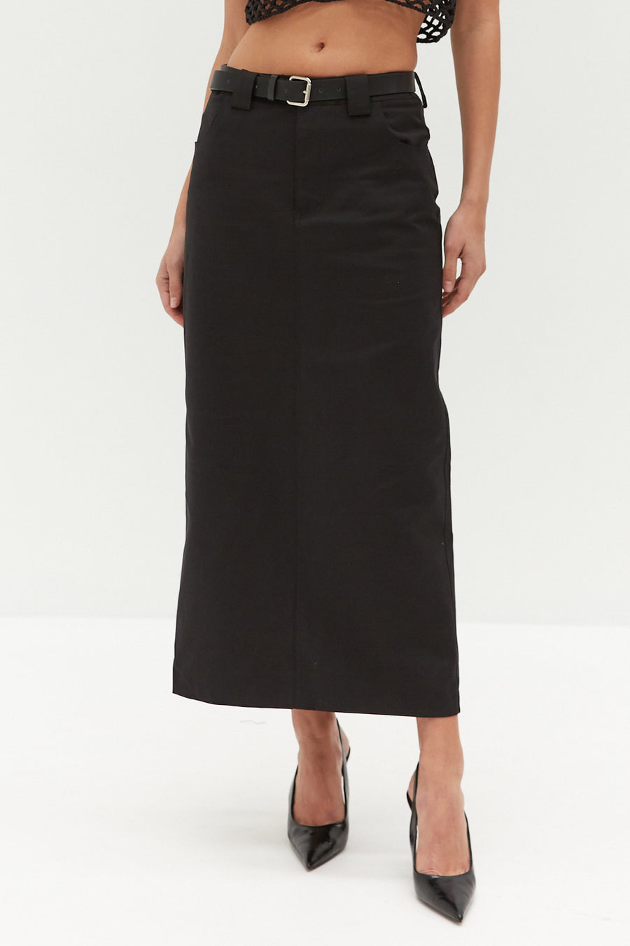 Belted Midi Skirt - Black
