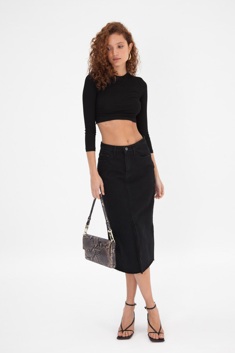 Denim Frayed Midi Skirt - Black